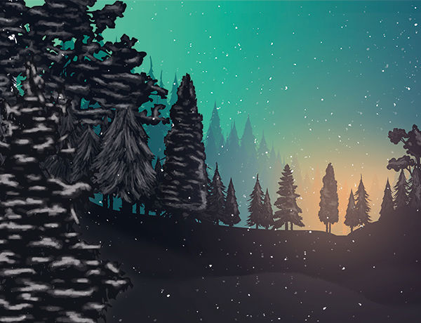 Illustrated image of a snowy forest at night